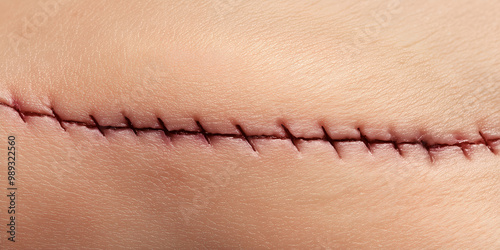 Close-up of a surgical scar with stitches, detailed view of sutured wound, macro of healing skin with stitches, post-surgery scar close-up, realistic depiction of stitched wound, medical image of scar