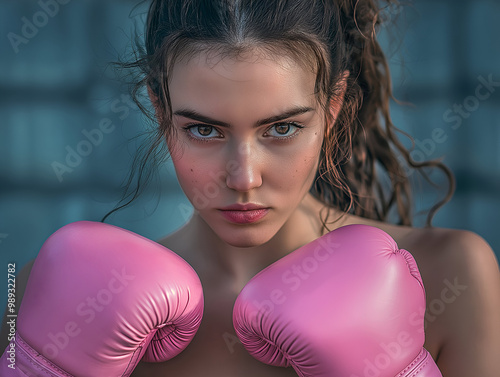 close-up portrait of a determined young woman wearing pink boxing gloves, symbolizing breast cancer awareness and empowerment, fierce female boxer with a focused expression, powerful image representin photo