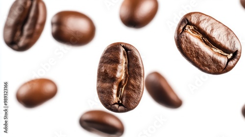 Coffee beans in flight on white background
