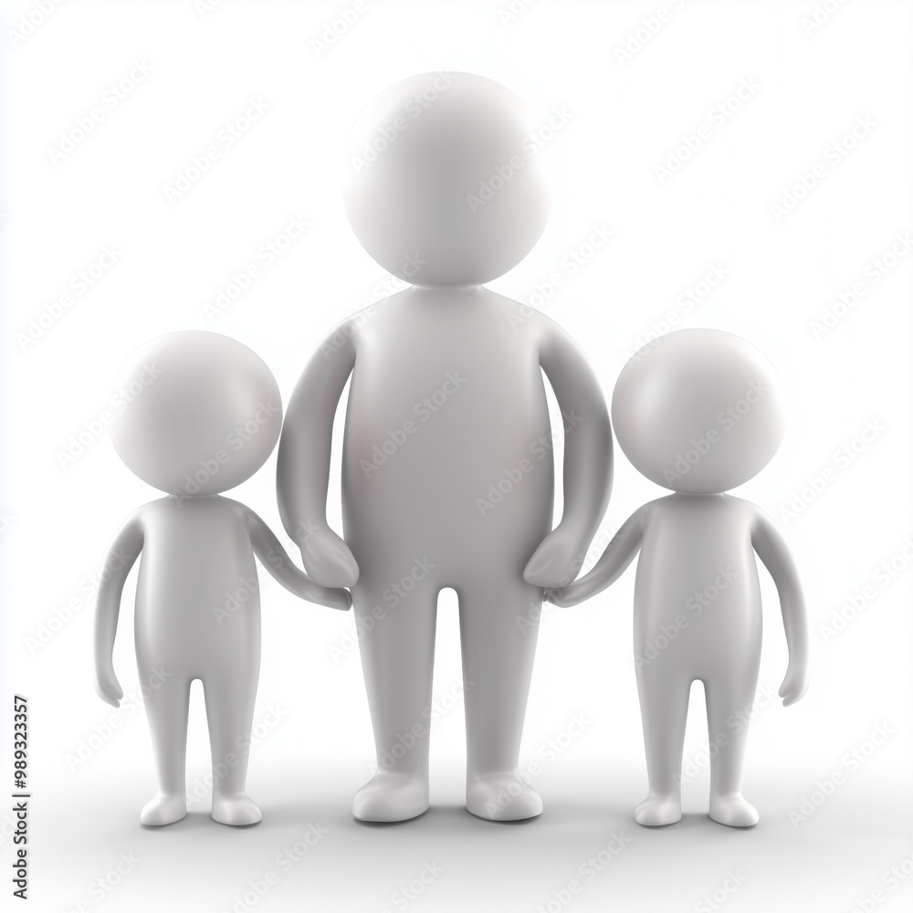 A family consisting of two smaller 3D figures and one larger figure, holding hands together against a white background. A family consisting of two smaller 3D figures and one larger figure, holding hands together against a white background.