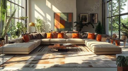 Inviting and cozy contemporary living space featuring a large modular sectional sofa and warm textiles with Bauhaus influenced minimalist aesthetic 1920s art deco a sun drenched open concept layout