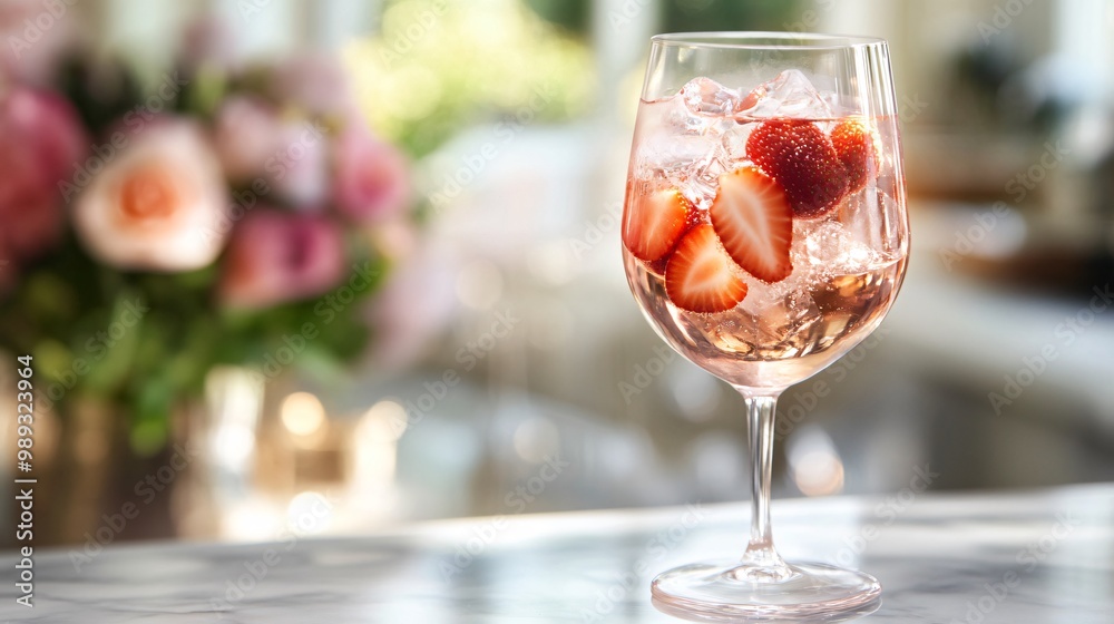 A glass of pink drink with ice and strawberries on a marble surface, with a blurred bouquet of flowers in the background. A glass of pink drink with ice and strawberries on a marble surface, with a blurred bouquet of flowers in the background.