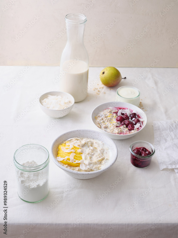 Overnight oats with various toppings. Fitness healthy organic breakfast in a bowl Overnight oats with various toppings. Fitness healthy organic breakfast in a bowl