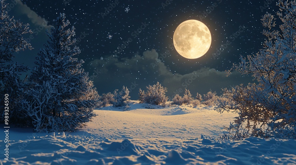 Naklejka premium Christmas Night and the Snow Fields of North Pole With Full Moon Background. Generative Ai