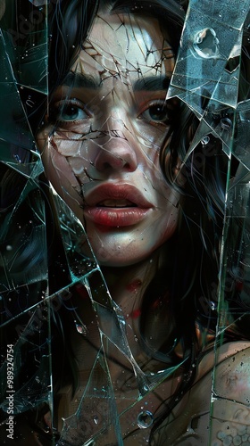 Woman's Face Through Broken Glass: A Surreal Portrait