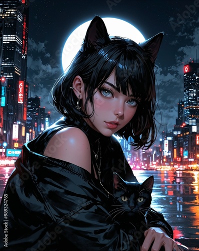 Black cat and girl photo