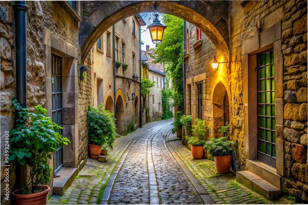 Fototapeta premium A narrow cobblestone street with a green archway and potted plants on either side. The street is lined with old buildings and has a warm, inviting atmosphere
