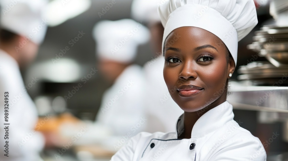 A professional African American female chef exudes confidence in a bustling kitchen environment A professional African American female chef exudes confidence in a bustling kitchen environment