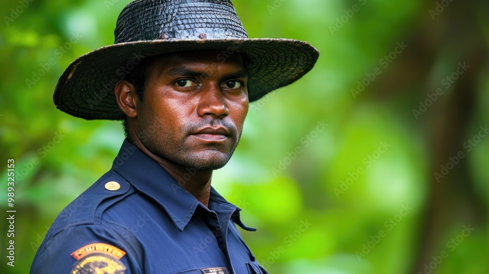 A park ranger stands attentively in a national park, dedicated to conservation efforts A park ranger stands attentively in a national park, dedicated to conservation efforts