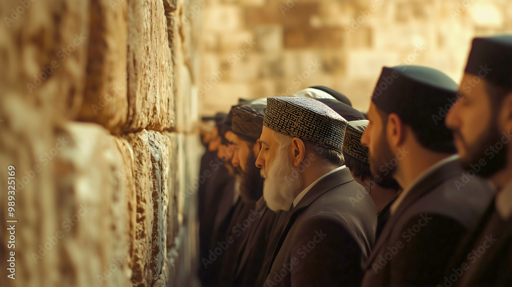 Naklejka premium Jewish worshippers stand before the sacred Western Wall, their prayers rising like whispers of ancient hope. The air is filled with devotion as they seek connection with their heritage.
