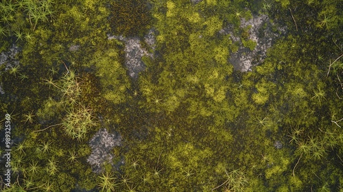 An overhead view of a bog with a mossy surface, the texture wet and soft, perfect for graphic materials promoting ecotourism and adventure.
