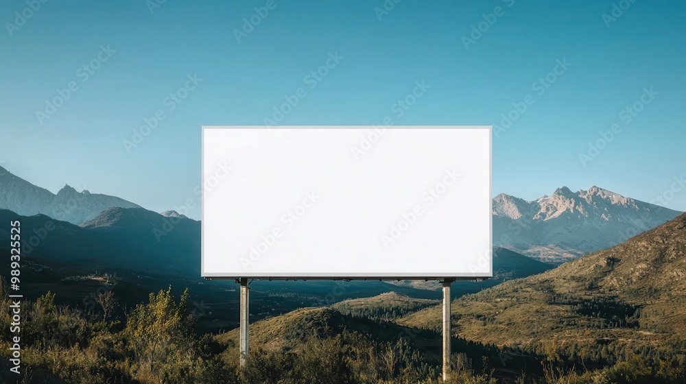 A blank billboard stands in a picturesque mountainous landscape, surrounded by greenery under a clear blue sky.