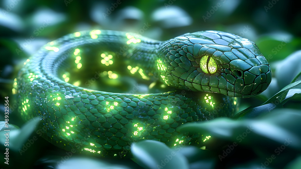 Fototapeta premium Green Snake in the Forest - 3D Illustration