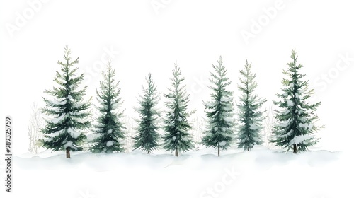 A beautiful arrangement of green pine trees on a snowy landscape, creating a serene winter scene with a bright white background, perfect for seasonal illustrations.