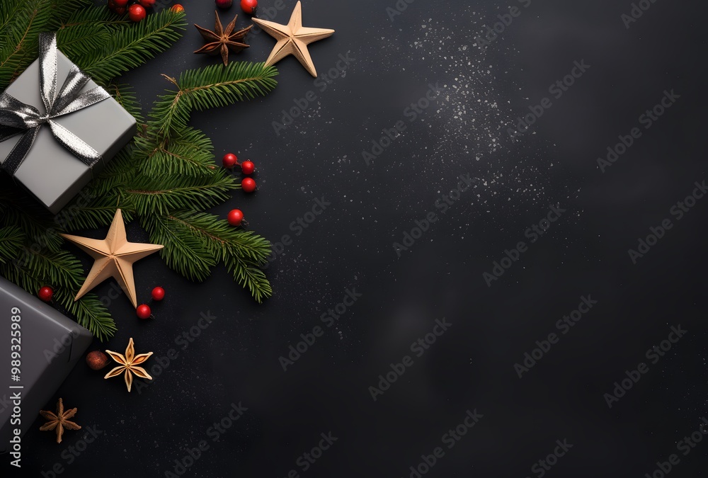 Christmas Fir Branches, Gifts & Stars on Black Tabletop Christmas Fir Branches, Gifts & Stars on Black Tabletop