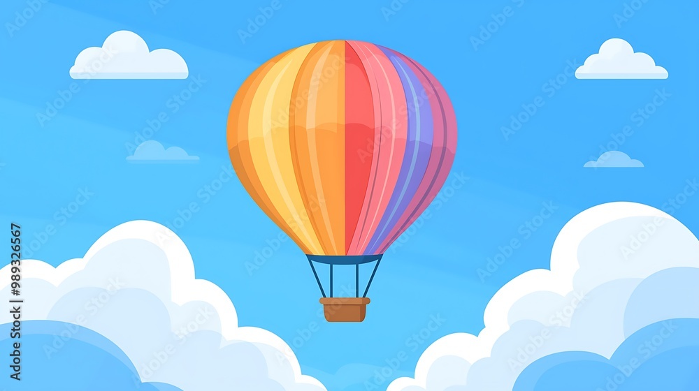 Fototapeta premium Vibrant Hot Air Balloon Floating in Whimsical Illustrative Sky | Simple Flat Design with High-Contrast Colors and Natural Lighting