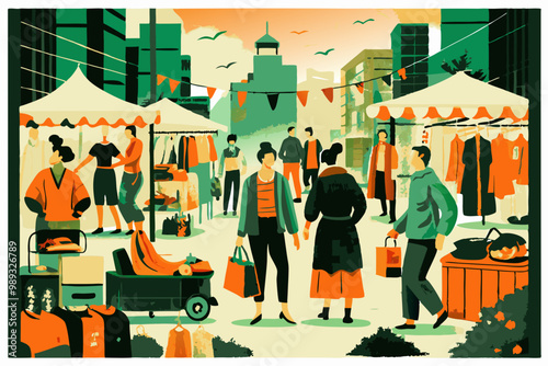 Vibrant Outdoor Market Scene with Shoppers and Stalls