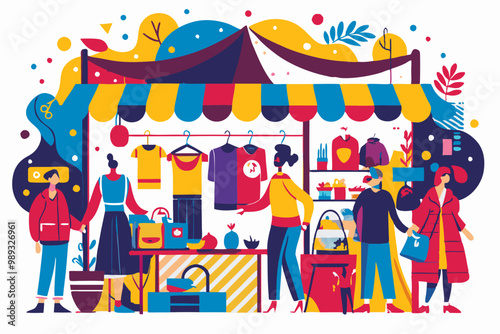 Colorful Outdoor Market Scene with Shoppers and Stalls