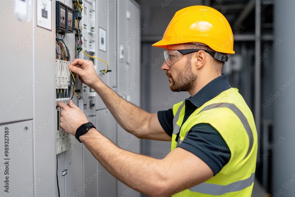 An electrician wearing a hard hat and safety gear works on wiring inside a control panel, focusing on electrical installation and maintenance. An electrician wearing a hard hat and safety gear works on wiring inside a control panel, focusing on electrical installation and maintenance.