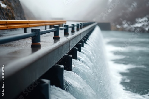 A close-up view of a hydroelectric dam with water flowing over its edge, showcasing renewable energy and water power technology. photo