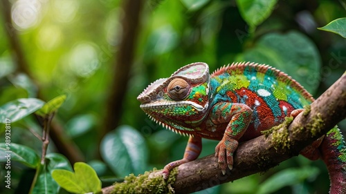 A vivid chameleon rests on a branch, its colorful scales standing out against the rich green foliage, creating a mesmerizing scene in nature. photo