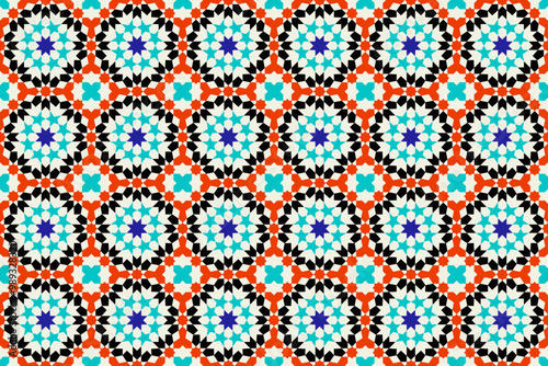 Arabic Mosaic Zellige Colorful Vector. Red, blue and green colors. Seamless