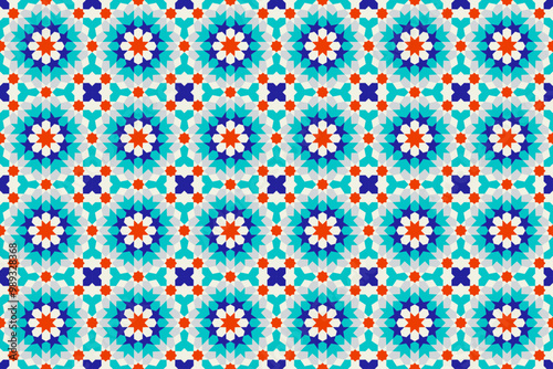 Arabic Mosaic Zellige Colorful Vector. Red, blue and green colors. Seamless