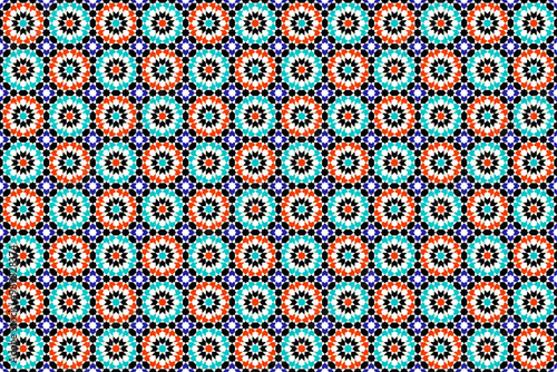 Arabic Mosaic Zellige Colorful Vector. Red, blue and green colors. Seamless