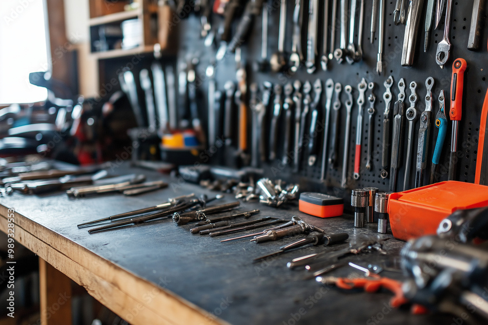 Fototapeta premium Inside motorcycle repair shop. generative AI