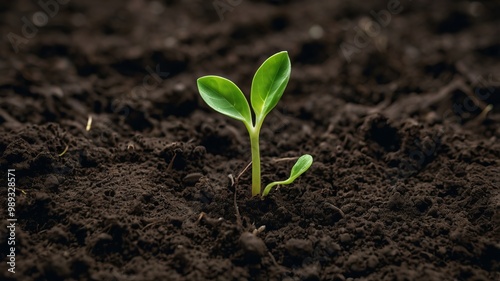 A bright green sprout breaks through rich, dark soil, representing growth, renewal, and the serene beauty of nature.