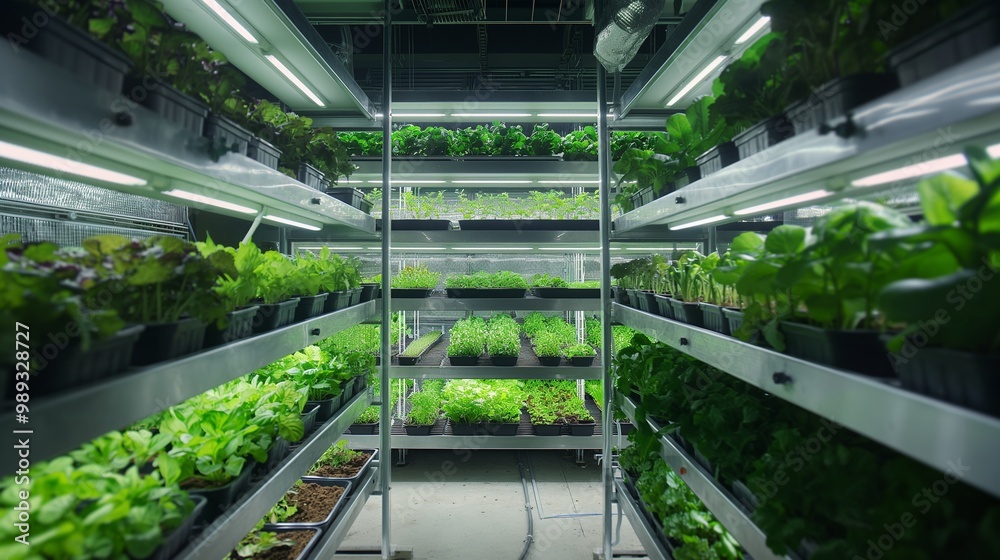 An underground vertical farm utilizing geothermal energy for plant growth, showing layers of soil-free crops growing in a controlled environment. An underground vertical farm utilizing geothermal energy for plant growth, showing layers of soil-free crops growing in a controlled environment.