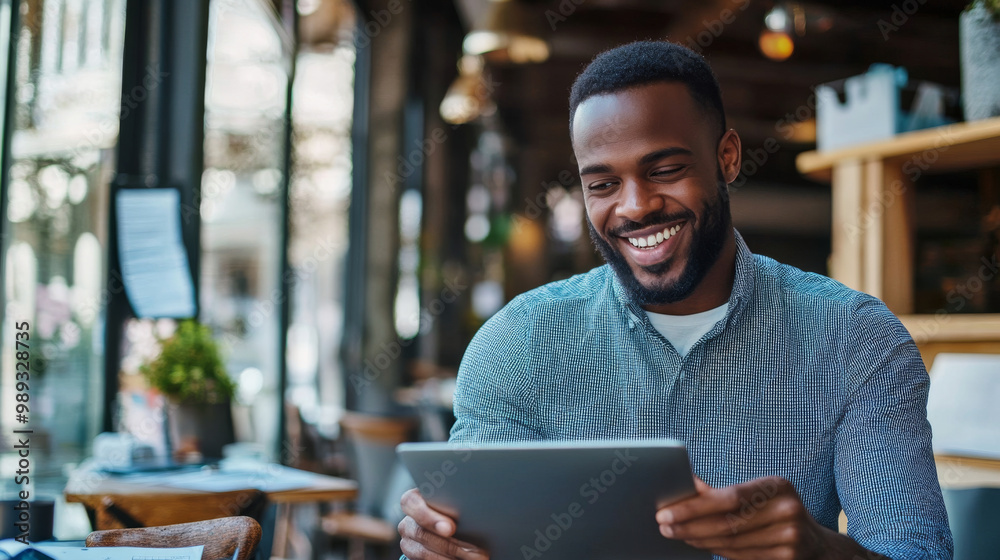 Business owner reviewing financial success on a tablet, smiling as they plan the next steps for their thriving company Business owner reviewing financial success on a tablet, smiling as they plan the next steps for their thriving company