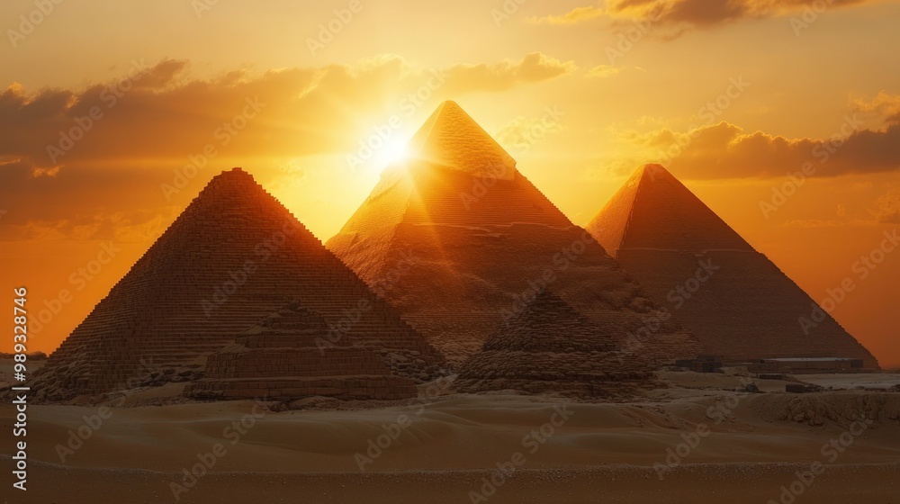 The Great Pyramids of Giza at sunset, with the sun shining through the structures. The Great Pyramids of Giza at sunset, with the sun shining through the structures.
