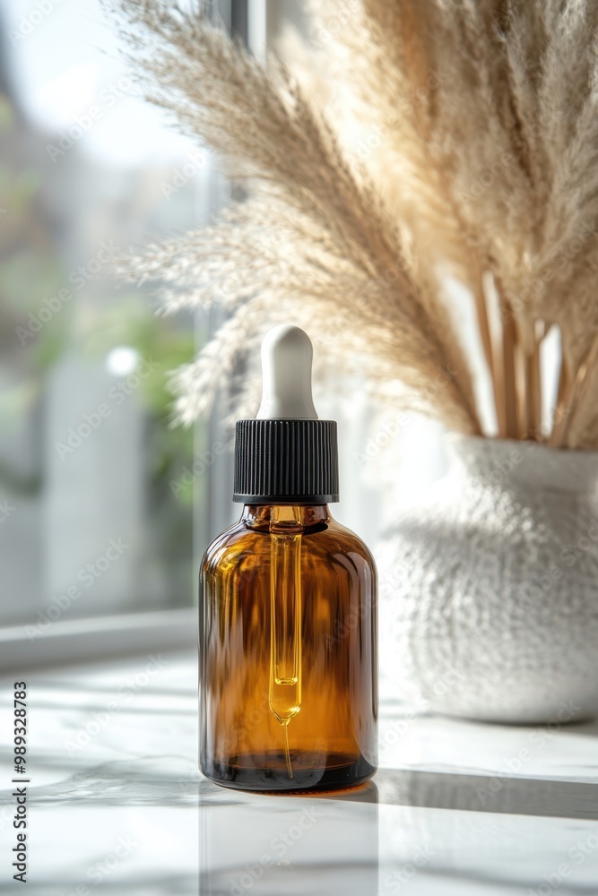 A bottle of perfume is sitting on a table next to a bunch of dried grass