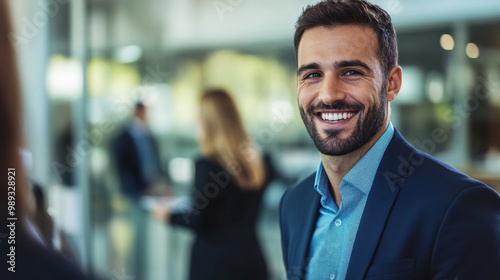 Businessman smiling as he greets clients in a sleek, professional setting, exuding success and positivity