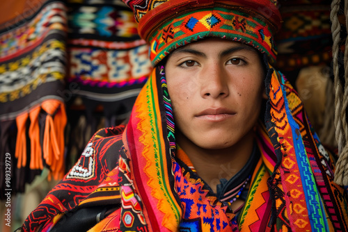 A man wearing a colorful hat and scarf stands in front of a colorful blanket photo