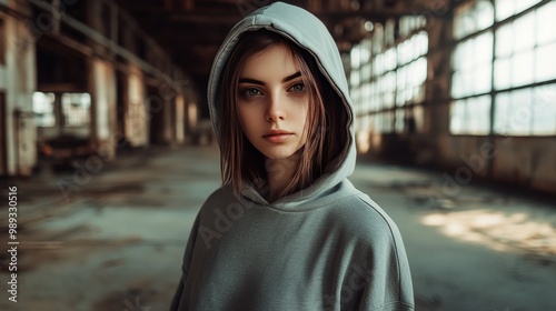 Hooded girl poses in abandoned factory