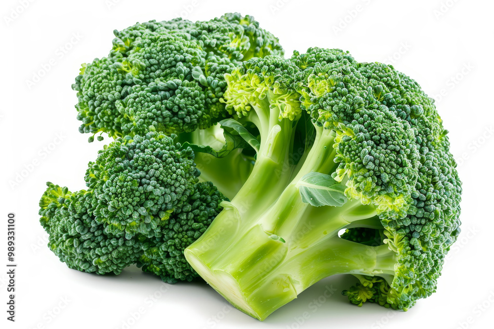 A large head of broccoli is cut in half and placed on a white background A large head of broccoli is cut in half and placed on a white background