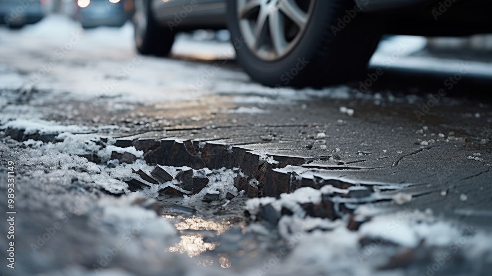Close up view of car tires on icy snowy road, creating tread marks in winter conditions Close up view of car tires on icy snowy road, creating tread marks in winter conditions