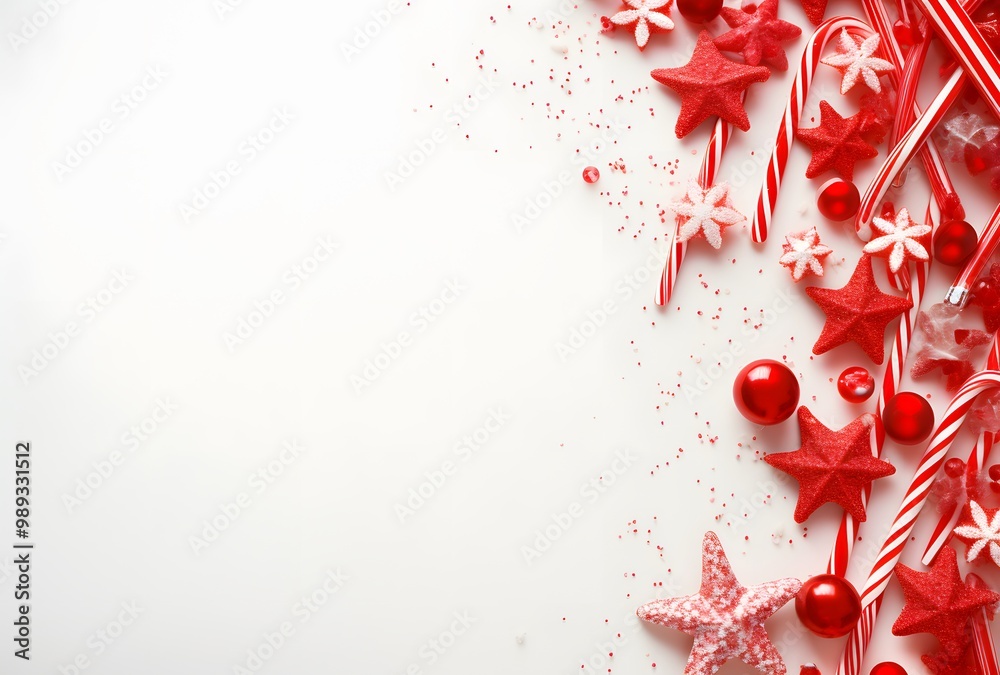 Red Christmas Decorations Flat Lay Background Red Christmas Decorations Flat Lay Background
