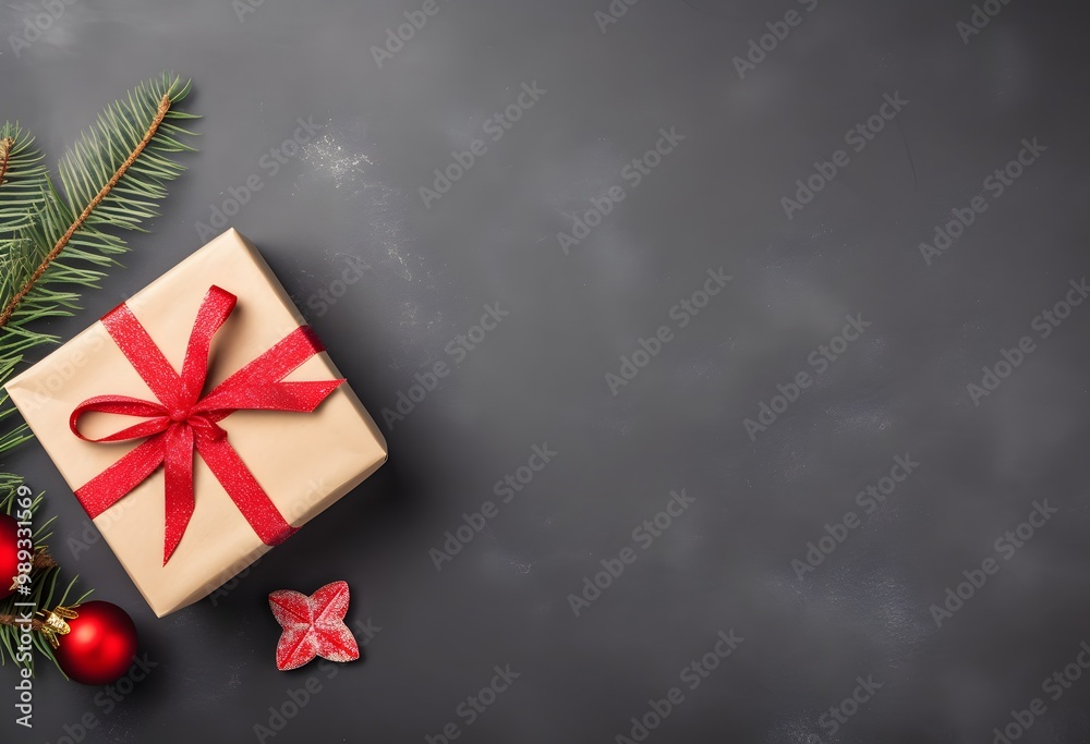 Christmas Gift Box Flat Lay on Dark Concrete Christmas Gift Box Flat Lay on Dark Concrete