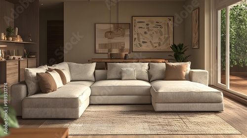 Cozy and inviting modern living room with a large comfortable sectional sofa and minimalist stylish decor featuring warm tones and natural textures in a boho inspired mixed media design