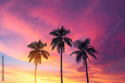 Three palm trees are silhouetted against a pink and purple sky