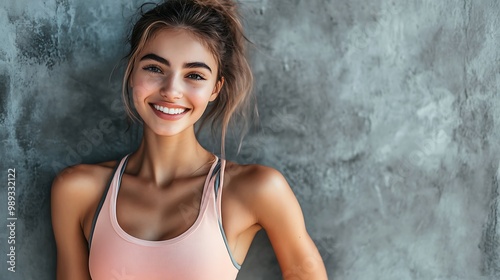 A smiling young woman in sportswear poses against a textured wall, exuding confidence and vitality.