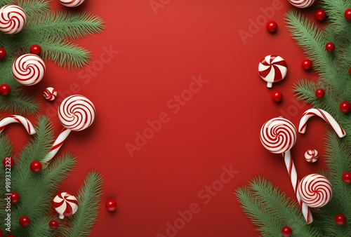 Christmas Candy Cane & Ornament Red Background