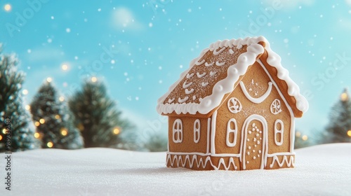 A whimsical gingerbread house adorned with pine branches and golden lights, nestled in a snowy winter landscape under a dreamy sky