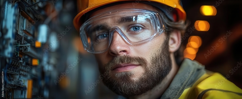 young male electrician at work focused technician in safety gear carefully wiring an industrial electrical panel surrounded by complex circuitry and modern equipment young male electrician at work focused technician in safety gear carefully wiring an industrial electrical panel surrounded by complex circuitry and modern equipment