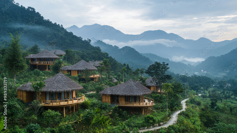 Sustainable eco-lodges nestled in the mountains of Vietnam, built with natural materials and surrounded by lush landscapes