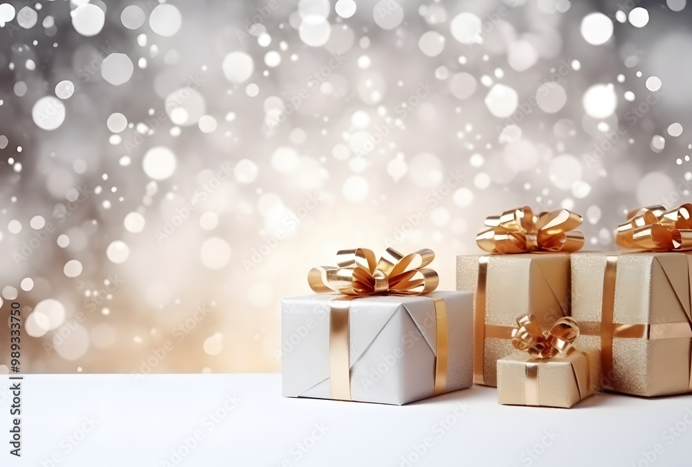 Christmas Gift Boxes with Snow and Bokeh Lights