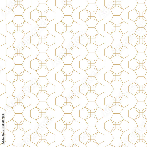 Abstract geometric pattern with crosses, stripes, lines. Seamless vector background. White and gold ornament. Modern reticulated graphic design.